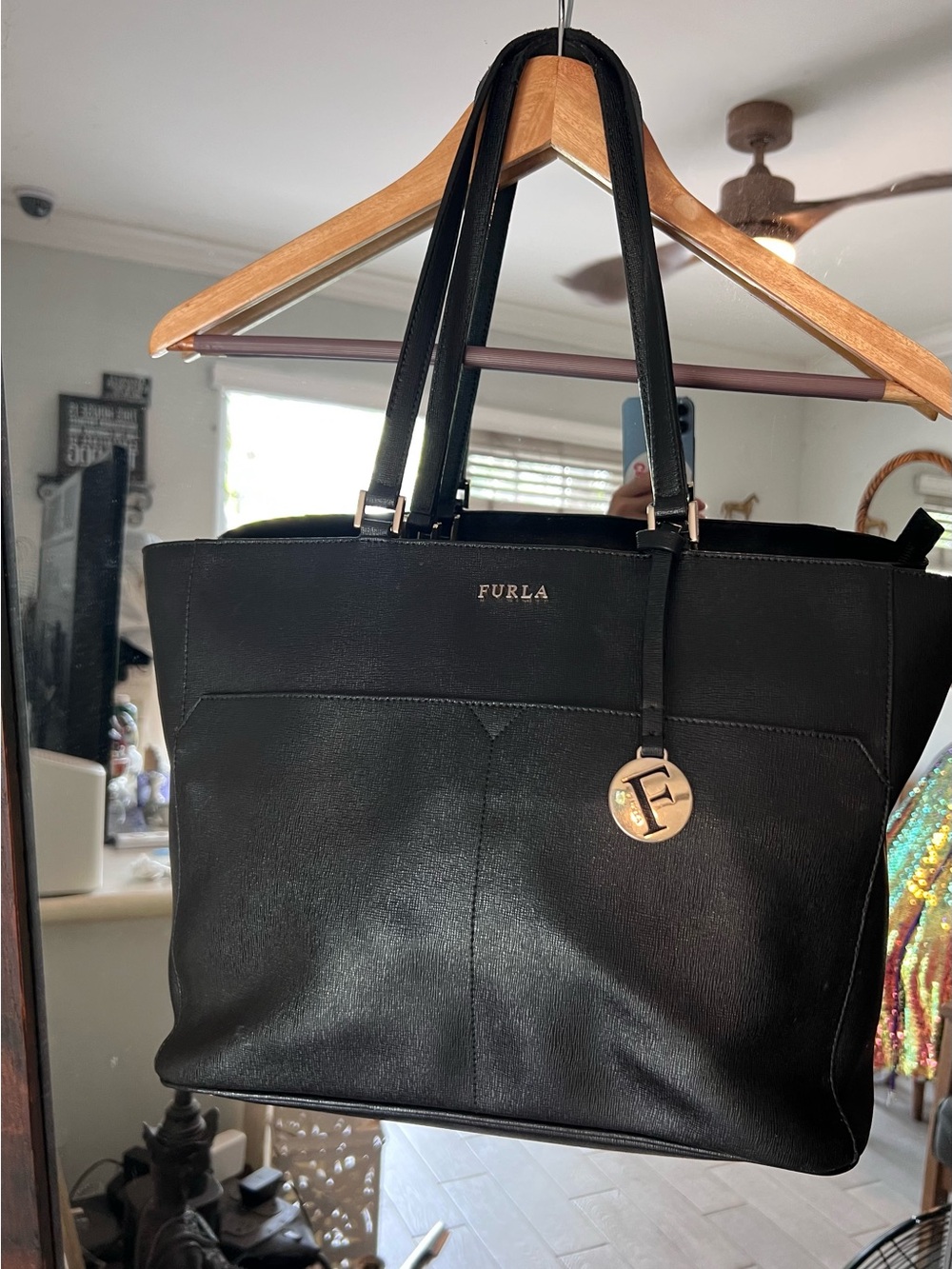 Furla Black Leather Tote with Gold Charm, great condition read below